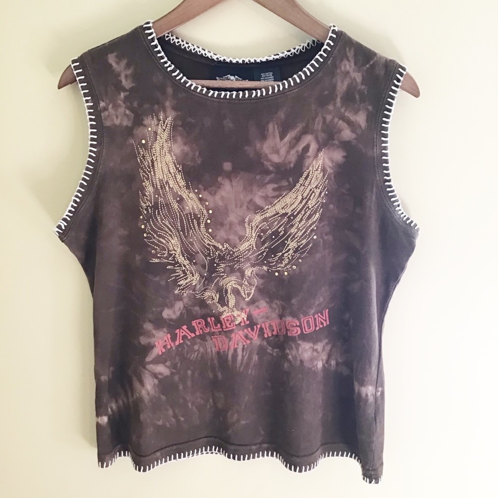 HARLEY DAVIDSON Brown Tie-Dye Embroider Eagle Tank